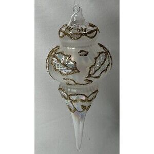 Hand Blown Clear Frosted Glitter Glass Spire Christmas Ornament